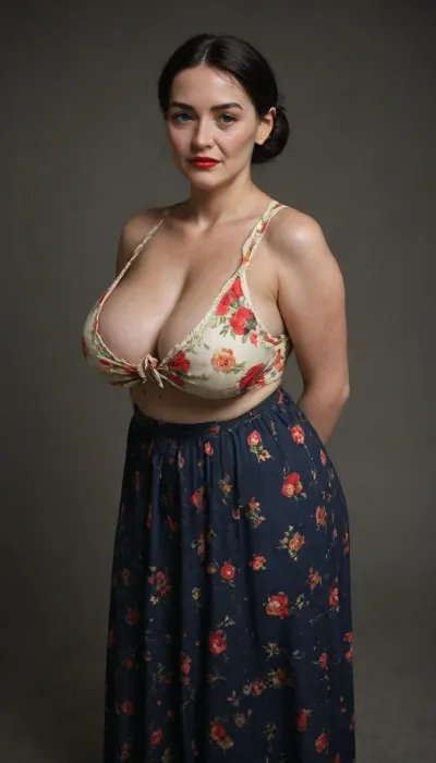 ((((kurdish granny)))), black hair bun, (((wrinkles, age marks, textured skin in the face, skin details, big eyes))), red lipstick, moles, poppy ears, curvy body, wide hips, thick thighs, wearing long flying skirt, and a floral blouse, ((medium size boobs, huge large areolas barely visible in her cleavage)), ((very saggy boobs)), veiny boobs, heavy boobs

side back view