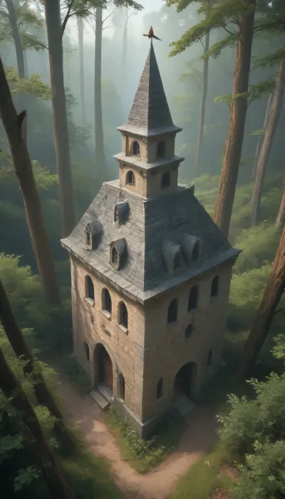 mysterious mansion in the middle of magic forest, (bird's-eye view:1.2), (fantasy setting, medieval entourage, mystique atmosphere)