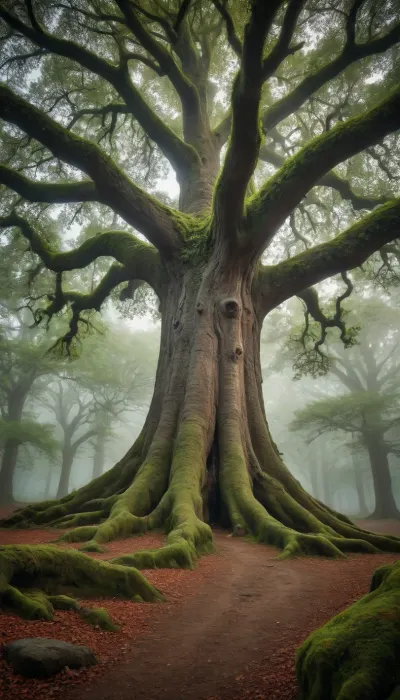old huge monstrously thick oak tree in the middle of magic forest, (fantasy setting, medieval entourage, mystique atmosphere)