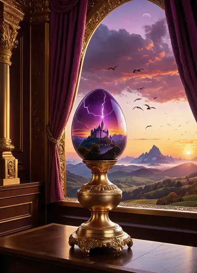 A magnificent faberge egg. Inside the eggshell is a magnificent mountain magenta sunset portrait with a flock of birds and a castle in the distance. The outside of the eggshell is shiny, glossy, obsidian black, with violet and emerald coloured lightning strikes running through and around the egg. the Faberge egg is on display on a gold podium, in a lavishly decorated showroom. With soft lights illuminating it. Utilising the best CGI rendering available. With impeccable attention to micro-detail and macro-detail. High detail, high sharpness. Golden hour. A world-class masterpiece artwork of meticulous exactitude., low-angle and wide angle shots. Neon Colour grading, fantasy matte painting, absolute masterpiece, detailed matte painting in the style of andreas rocha and greg rutkowski, in the style of Brothers Hildebrandt, superb composition, vivid fantasy art, breathtaking fantasy masterpiece. It's an absolute world-class masterpiece artwork. It's an aesthetically pleasing artwork with impeccable attention to detail and impressive composition.
