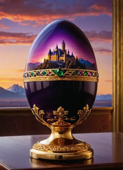 A magnificent faberge egg. Inside the eggshell is a magnificent mountain magenta sunset portrait with a flock of birds and a castle in the distance. The outside of the eggshell is shiny, glossy, obsidian black, with violet and emerald coloured lightning strikes running through and around the egg. the Faberge egg is on display on a gold podium, in a lavishly decorated showroom. With soft lights illuminating it. Utilising the best CGI rendering available. With impeccable attention to micro-detail and macro-detail. High detail, high sharpness. Golden hour. A world-class masterpiece artwork of meticulous exactitude., low-angle and wide angle shots. Neon Colour grading, fantasy matte painting, absolute masterpiece, detailed matte painting in the style of andreas rocha and greg rutkowski, in the style of Brothers Hildebrandt, superb composition, vivid fantasy art, breathtaking fantasy masterpiece. It's an absolute world-class masterpiece artwork. It's an aesthetically pleasing artwork with impeccable attention to detail and impressive composition.