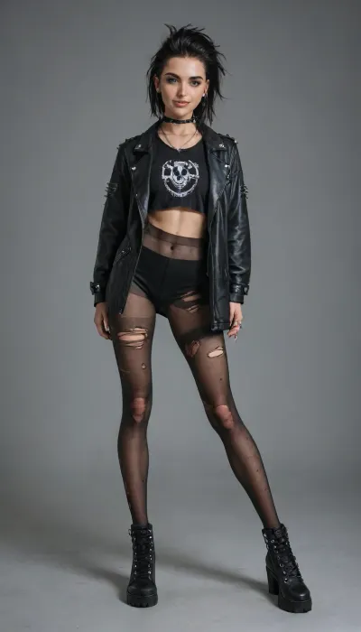 Punk girl, long black hair, black chocker, black jacket with spikes, with dtuds, (studs), (spikes), (chains), transparent ripped revealing pantyhose, black ripped nylon shirt revealing round tits. punk, long legs, perfect face, green eyes, horny smile, (full body)
