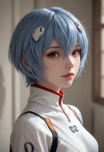 portrait of Rei Ayanami from evangelion dressing, wearing a white plug suit, blue hair, straight hair, bobcut, hair between eyes, red eyes, cute, small nose, pink lips, athletic body, view from side
