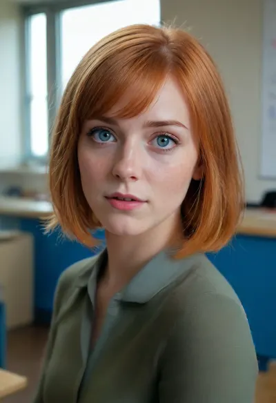 ld12, (masterpiece, best quality), warm and joyful atmosphere, (1girl), bob cut orange hairs, 2 clear blue eyes, (very:1.5), detailed face, beautiful eyes, perfect illumination, (best shadow), (realism:1.3), stand in classroom, (sexy secretary)