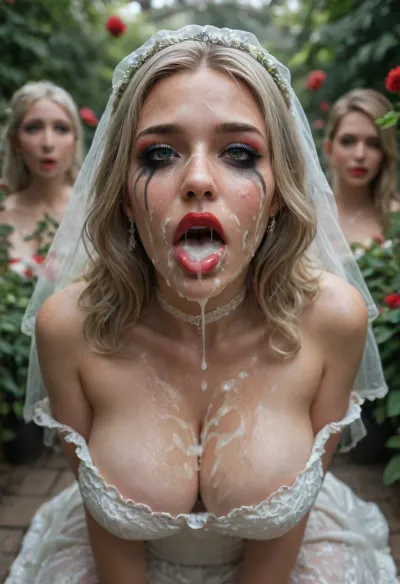 woman, Image of, beautiful, seductive, half-open mouth, round face, (ruined vulgar makeup:1.3), makeup, red lipstick, in living public wedding ceremony in garden, clothes people background, (extreme facial bukkake:1.3), (breasts covered in cum:1.3), (cum on face:1.3), (cum in mouth:1.1), masterpiece, best quality, perfect lighting, cellulite body mature, platinum blonde long wavy hair under white veil, white choker, (french bride:1.23), cum, facial, dripping, green, eyes, blue, brown, perfecteyes, <lora:detailed_notrigger:2>, <lora:PerfectEyesXL:2>