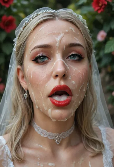 woman, Image of, beautiful, seductive, half-open mouth, round face, huge makeup, red lipstick, in living public wedding ceremony in garden, clothes people background, (extreme facial bukkake:1.3), (covered in cum:1.3), (cum on face:1.3), (cum in mouth:1.1), masterpiece, best quality, perfect lighting, cellulite body mature, platinum blonde long wavy hair under white veil, white choker, (french bride:1.23), cum, facial, dripping, green, eyes, blue, brown, perfecteyes, <lora:detailed_notrigger:2>, <lora:PerfectEyesXL:2>