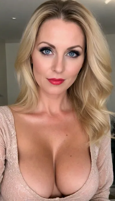 female milf secretary, busty milf 40 y.o., boss office cabinet background, secretary office outfit, (beautiful playful milf model:1.2), (long blond hair), (elegant hairstyle), beautiful eyes, look at me, sexy lips, playful smile, big areolas, busty deeper cleavage, playful alluring yet dangerous, close up viev, dark sapphic glamour, look attt my eyes, dramatic lighting., sagging, tpsp, selfie, <lora:sagging-000015:1.1>, <lora:Torpedo_Tits_Anime-GMR-000007:1.1>, <lora:Sink_Butt_Pose:1.6>, barely contained breasts, blouse, <lora:56a206e8-def0-49c2-b599-66069ac558c5.TA_trained:.8>