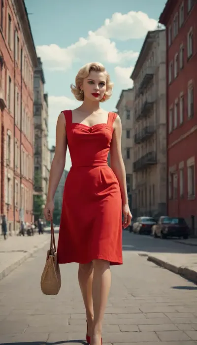 (in style of soviet propaganda poster of 1950s), hot naughty blonde in red short summer dress walking down the street, Stalin empire style buildings in background