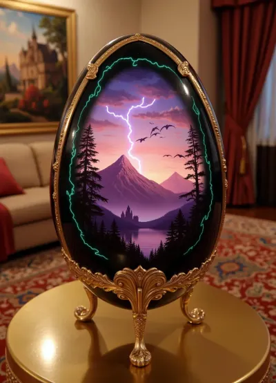 A magnificent faberge egg. Inside the eggshell is a magnificent mountain magenta sunset portrait with a flock of birds and a castle in the distance. The outside of the eggshell is shiny, glossy, obsidian black, with violet and emerald coloured lightning strikes running through and around the egg. the Faberge egg is on display on a gold podium, in a lavishly decorated showroom. With soft lights illuminating it. Utilising the best CGI rendering available. With impeccable attention to micro-detail and macro-detail. High detail, high sharpness. Golden hour. A world-class masterpiece artwork of meticulous exactitude., low-angle and wide angle shots. Neon Colour grading, fantasy matte painting, absolute masterpiece, detailed matte painting in the style of andreas rocha and greg rutkowski, in the style of Brothers Hildebrandt, superb composition, vivid fantasy art, breathtaking fantasy masterpiece. It's an absolute world-class masterpiece artwork. It's an aesthetically pleasing artwork with impeccable attention to detail and impressive composition.