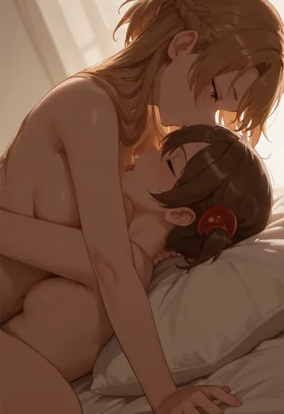 4k, highly detailed, petite girl, petite body, lesbian, Silica and Asuna Yuuki from Sword Art Online, intimate kissing, both completely naked, Silica is lying on her back on a soft bed, Asuna is on top of her, their bodies pressed together, kissing passionately, tongues visible, bedroom background, soft lighting., anime style, fanart, explicit, nsfw