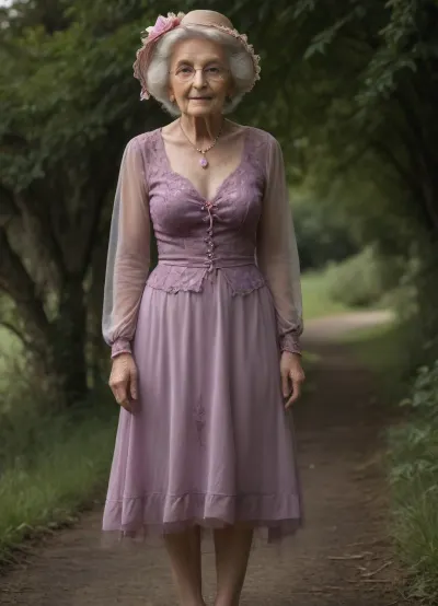 sunny green floral field, (Lady in soft pale Violet simple minimalist victorian fully see-through sheer mesh hoopdress:1.9), see-through underwear burgundy lace panties with matching lace t-string thong, (((extremely aged extremely elder 100-year-old grandma:1.9))), (((hyper-sheer:1.9))), kind, tender, extremely tempting erotica