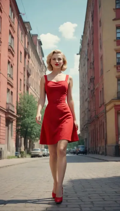 (in style of soviet propaganda poster of 1950s), hot naughty blonde in red short summer dress walking down the street, Stalin empire style buildings in background