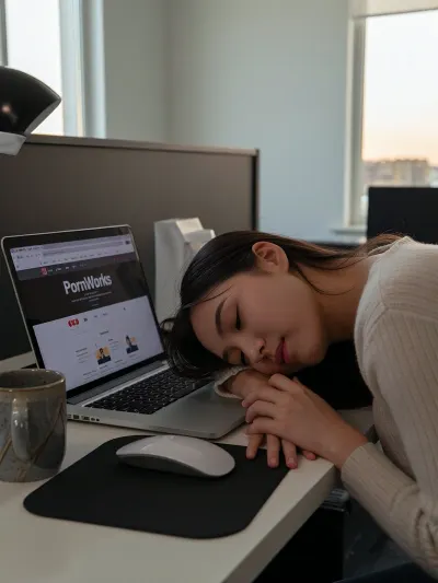 A tired young Korean woman, sitting at an office desk, has dozed off with her head resting on her hands, next to her is an open laptop, its screen displaying the “PornWorks” website. The soft light of the “golden hour, ” streaming through the large window in the background, contrasts with the cold glow of the dim computer monitor. On the desk is a ceramic cup, a computer mouse, and a mouse pad beneath it. Shallow depth of field, highly detailed skin texture, the soft, natural expression of a calm, dozing young woman, photorealism