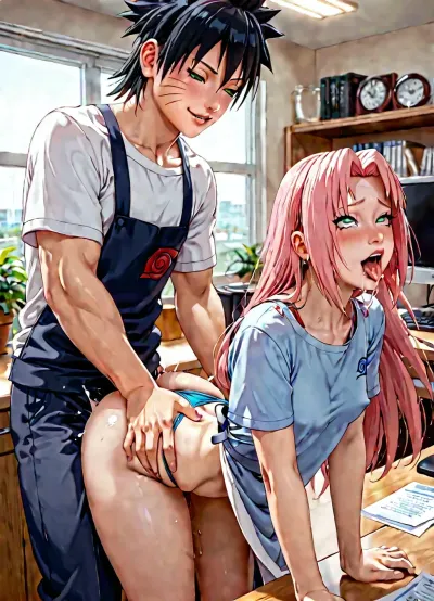 yuuki kei, (anime:2), (Sakura from Naruto Shippuden:1.5), orgasm face, super busty mommy, money, trembling, queen, wife, on all fours, pink hair, disheveled hair, green eyes, long hair, T-shirt, pants, apron, thong, very big ass, round, voluminous, bent over, showing, beautiful, (pegging), small natural breasts, sex from behind, family, office in the background, young man with huge cock fucks MILF doggystyle from behind, pleasure face, tongue, out, ahegao, drool, lineart, LineAniAF, <lora:ahegao_sdxl_v4:1.5>, <lora:LineAniRedmondV2-Lineart-LineAniAF:1.5>