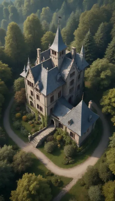 mysterious mansion in the middle of magic forest, (bird's-eye view:1.2), (fantasy setting, medieval entourage, mystique atmosphere)