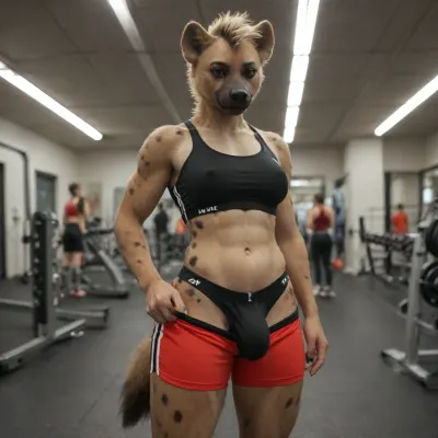 (Furry, hyena, gynomorph), gym clothes, cock outline, public, furries