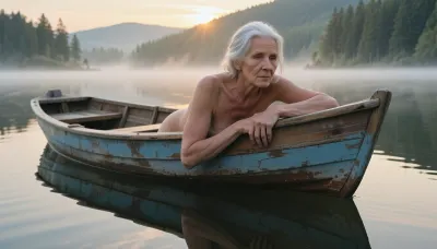 Masterpiece, ultra-realistic fine art photography, museum-quality realism, breathtaking cinematic composition. An elderly woman, approximately 70 years old, sits alone in a weathered wooden rowboat drifting across a perfectly still mountain lake at dawn. The composition is dominated by the bow of the boat, drawing the viewer's eye directly toward her. She leans far forward over the bow, supporting herself naturally with one forearm resting on the worn wooden edge while her chin rests gently upon her hand. Her pose creates extraordinary visual depth and places her unmistakably in the immediate foreground. Although she is unclothed, her body is naturally and completely concealed by the high wooden bow, her arms and carefully composed posture, emphasizing dignity, vulnerability and timeless beauty rather than exposure.

**Her expression is profoundly contemplative, revealing melancholy, wisdom, quiet acceptance and inner peace. Every detail of her aged face is rendered with uncompromising realism, delicate wrinkles, soft facial folds, subtle age spots, visible pores, tiny veins, weathered hands, individually resolved silver hair strands, authentic skin translucency and extraordinary anatomical fidelity. The weathered rowboat displays cracked paint, faded blue wooden planks, worn edges and decades of natural aging. Thick morning fog blankets the lake, dissolving the distant shoreline and forest into ethereal layers of mist while the first golden rays of sunrise filter through, creating soft volumetric light and a gentle halo around her silver hair. The water is perfectly calm, reflecting the entire boat and figure with near-perfect symmetry, transforming the lake into a flawless mirror. The overwhelming mood is silence, solitude, memory and quiet transcendence. Ultra-shallow depth of field, razor-sharp foreground focus, extraordinary micro-contrast, flawless skin rendering, photorealistic wood textures, cinematic color grading, HDR, IMAX-quality realism, award-winning fine art photography, masterpiece, ultra-high resolution, 8K, impossible realism.