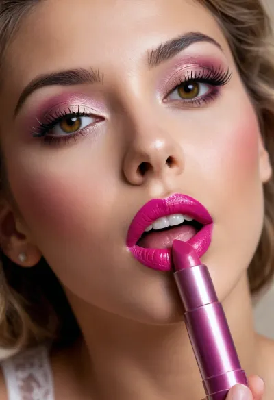COPYRIGHT, High-gloss graphics, brightly lit face with high luminance, close-up, a beautiful coquettish woman, she is applying lipstick to her lips, lipstick, lingerie, excellent style, olive skin, light brown elaborate hairstyle, light brown eyes, moist {magenta} bright lips, a lipstick applied to the mouth, dynamic movements, beige background, END, ///©KITTY-ART///








///©KITTY-ART///