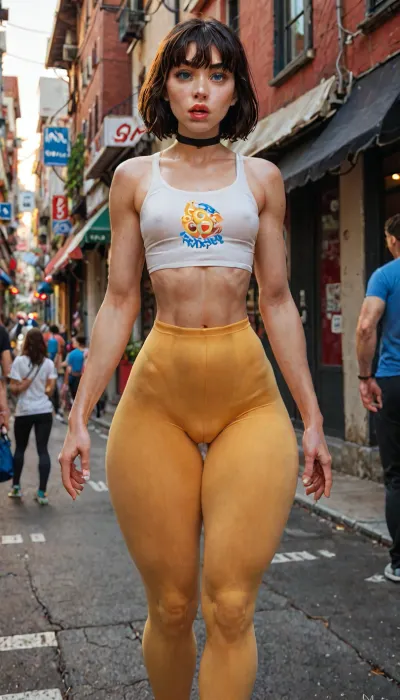 One young woman, day, 4k, (extremely detailed faces and bodies:1.3), (front side angle looking front:1.2), (skinny tight body:1.2), (small waist:1.4), (small thick thighs:1.7), (hyperdetailed face focus:1.3), (small puffy ass:1.2), (flat chest:1.1), detailed hands and 5fingers, (tank top, colorful yellow printed cotton yoga pants:1.1), (Detailed black bangs hair:1.3), expressive blue eyes, straight dark thick eyebrows, a choker, big lips, (soft half open mouth), (street:1.1), huge lips. incase, flat, chest, breasts, small, hips, wide, muscular, female, arms, (ultra, HD, quality, details), reij-snrs, light, and, shadow, by, <lora:Venus_Body_Alpha:2>, <lora:sunriseSDXL-000009:2>, <lora:sd_xl_turbo_lora_v1-64dim:.8>, <lora:EnvyThiccXL02:.8>, <lora:detailed_notrigger:.8>