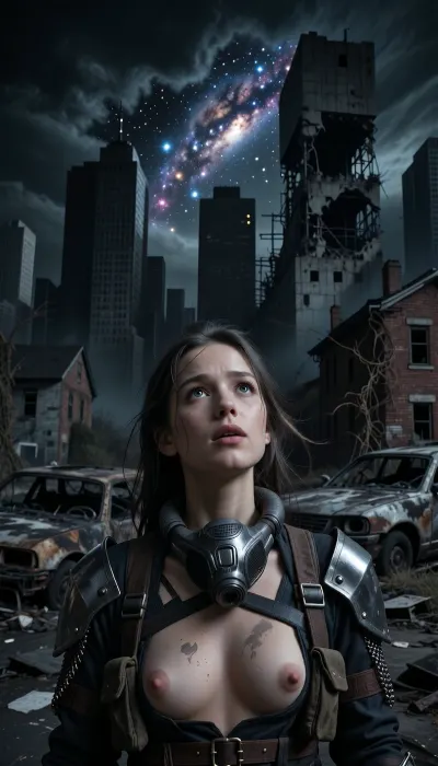 A vertical cinematic portrait captured on 35mm film grain, balancing raw post-apocalyptic realism with a moment of quiet wonder in a post-apocalyptic city. The scene is enveloped in a deep nocturnal midnight atmosphere. High above, a dramatic break in the toxic smog opens to a pitch-black night sky, where a vibrant, hyper-detailed Milky Way galaxy and brilliant stars shine intensely against the deep darkness. In the background, charred car carcasses with burnt-out frames lie abandoned alongside collapsed, destroyed brick houses. Behind them, the dead, hollowed-out concrete husks of Manhattan ruined skyscrapers stand in complete shadow, featuring giant gaping structural holes, shattered walls, exposed rebar, and rusted steel girders overgrown with dry vines. The ruined buildings are entirely pitch-black, dead, and shattered, solely illuminated by the cold celestial glow from above. Centrally framed in a tight medium close-up portrait, a young woman looks upward toward the starry cosmos, her face softly lit by the cool, dim glow of starlight breaking through the dark night. Her face radiates breathless astonishment, with her lips slightly parted in a quiet gasp of revelation as if seeing the star-filled sky for the very first time, the faint corners of her mouth lifted in a subtle, unconscious touch of awe. Her wide, luminous eyes glisten, reflecting the shimmering stars above. She has high cheekbones, detailed features, and dusty, wind-blown hair with small braids framing her face. Unclipped and pulled down to rest at her neck, a heavy industrial gas mask hangs against her collarbone. She wears a realistic post-apocalyptic survivor kit, a dark, weathered leather utility harness with brass buckles, straps, and tactical shoulder pouches, complemented by hammered metal shoulder pauldrons with chainmail elements covering her arms. She wears no top or shirt beneath the harness, exposing her chest and torso, with her smooth skin marked by subtle charcoal greasepaint. Extreme low-key lighting driven exclusively by cold starlight, with deep black shadows emphasizing the dark night mood and the rich textures of skin, leather, metal, chainmail, and crumbling concrete. Shot on a prime 85mm lens, (f/1.8), for a shallow depth of field, keeping her face and detailed harness in sharp focus against the dark starry sky and shadowed ruins. Authentic 35mm film stock, raw texture, cinematic night composition.