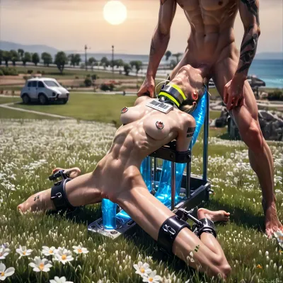 outdoors, (white shore ocean of paradise island:1.5), young sexy woman, (woman fixed:1.5), (woman restrained in white bdsm device on platform:1.7), (arms restrained behind:1.4), (legs slightly apart:1.5), (in machine:1.5), (restrained:1.5), (very short bulging throat:1.3), ((body thrown back low to machine:1.7)), ((man fucking her throat:2)), (to pubis:1.6), ((skinny boy fucking her large very short throat with his real penis:1.7)), (breathtaking very beautiful petite girl:1.6), (model cutie:1.5), (perfect:1.7), (anorexic:1.3), ((slender skinny body:1.7)), ((small extreme thin micro waist:1.9)), (very short low pelvic:1.7), (wide shoulders:1.5), ((visible very wide extreme protruding rib cage:1.8)), (sits on glowing dildo from platform totally inserted deep in pussy:1.6), (white cum leaks out of her pussy:1.5), (blond smooth silky long hair ponytail:1.4), ((firm perky silicone perfect enlarged spherical breasts:1.7)), (big breasts spread wide apart:1.6), (very beautiful:1.5), (gorgeous:1.5), (sexy:1.4), (erect nipples:1.2), (nipple ring piercings:1.3), ((glowing white massive very oversized electronic collar device around very short throat:1.7)), (shaved pussy:1.3), (tattooed body:1.5), (tattoo:1.3), (tan oiled skin:1.3), (stunning:1.3), (barcode on boob:1.4), (beautiful athletic man stands on lawn and fucking her throat:1.6), (advanced technologies), (beautiful lawn with low flowers:1.3), (in lounge bungalow:1.3), (bright day with sun:1.3), <lora:Microwaist_XL_v01:2>, <lora:sexmachine_XL_0_:.5>