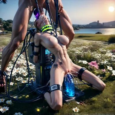 outdoors, (white shore ocean of paradise island:1.5), young sexy woman, (woman fixed:1.5), (woman restrained in white bdsm device on platform:1.7), (arms restrained behind:1.4), (legs slightly apart:1.3), (in machine:1.5), (restrained:1.5), (very short bulging throat:1.3), ((body thrown back low to machine:1.7)), ((man fucking her throat:2)), (to pubis:1.6), ((skinny boy fucking her large very short throat with his real penis:1.7)), (breathtaking very beautiful petite girl:1.6), (model cutie:1.5), (perfect:1.7), (anorexic:1.6), ((slender skinny body:1.7)), ((small extreme thin micro waist:1.9)), (very short low pelvic:1.7), (wide shoulders:1.5), ((visible very wide extreme protruding rib cage:1.8)), (sits on glowing dildo from platform totally inserted deep in pussy:1.6), (white cum leaks out of her pussy:1.5), (blond smooth silky long hair ponytail:1.4), ((firm perky silicone full spherical perfect enlarged breasts:1.7)), (big breasts spread wide apart:1.6), (very beautiful:1.5), (gorgeous:1.5), (sexy:1.4), (erect nipples:1.2), (nipple ring piercings:1.3), ((glowing white massive very oversized electronic collar device around very short throat:1.7)), (cable to throat device:1.6), (shaved pussy:1.3), (tattooed body:1.5), (tattoo:1.3), (tan oiled skin:1.3), (stunning:1.3), (barcode on boob:1.4), (skinny beautiful athletic man stands on lawn and fucking her throat:1.6), (advanced technologies), (beautiful lawn with low flowers:1.3), ocean, (bright day with sun:1.3), <lora:Microwaist_XL_v01:2>, <lora:sexmachine_XL_0_:.5>