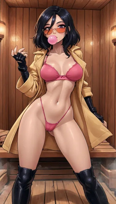 (innv meets jack cayless style), (reiq style, masterpiece, cel-shaded, limited color palette), ((Beautiful Sexy jubilee from marvel rivals game body)), (1girl, solo, alone), (short spiky black hair), (Japanese Korean, gorgeous, seductive face, mature, ads, perfect breast, perfect hands, perfect legs, perfect waist, perfect thighs, perfect hips, perfect ass, sweaty body), (pink lipstick, pink blush, pink eyeshadow, black eyeliner, long lashes), (Bubblegum in mouth), (pink tight bra), (blue faux leather thong), (with camel toe), (yellow belt with dual side pouches), (blue thigh-high boots), (wearing Minimal Shield Rimless Futuristic Large Racer Pilots Sunglasses Pink), (spandex yellow coat), (fingerless black gloves), (doing action shot pose), (sauna, steam, sauna background), <lora:mk_Bp Anime_xl:2>, <lora:LCMTurboMix_Euler_A_fix:2>, <lora:eGirls_XL_v1:2>, <lora:Marvel_Rivals:2>, <lora:ChewingGum-000002:2>