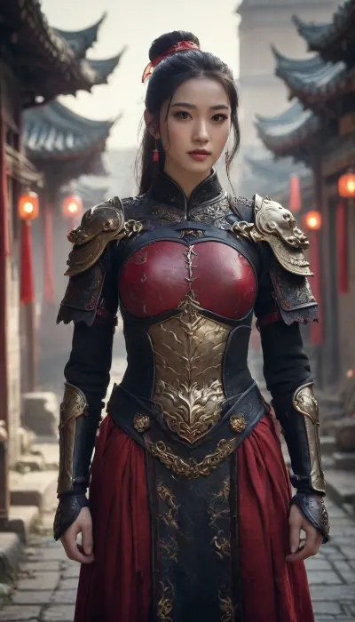 (masterpiece, best quality, ultra-detailed, 8k wallpaper), 1girl, solo, mature female, 26 years old, tall and slender figure, cold white skin, (faint crimson divine patterns on neck and collarbone:1.3), waist-length black hair, (hair tips glowing with dark gold:1.2), loose hair ribbon, amber eyes, (melting gold pupils:1.1), serene and aloof expression, looking at viewer., (clothing, red and black modified ancient Chinese dress:1.4), high slit dress, flowing fire patterns on hem, (black leather bracers:1.2), ornate metal waist cincher, chinese armor elements, standing gracefully, embers floating in air, heat haze effect., (background, ancient Chinese street architecture:1.2), cinematic lighting, soft focus, depth of field, warm lighting, tyndall effect., <lora:ClearHand-V2:.8>, <lora:Magical duel - SDXL v2.0:.5>, <lora:万享（万象修罗）_64:.7>, Chinese_armor, Qinjia, Menggujia, QXjia, <lora:Qige中国甲胄(Chinese_armor)SDXL_v1.0:.8>, spear, <lora:XL_Weapon_Spear_-_By_HailoKnight:.8>