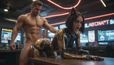 (gold and black catgirl android:1.5), (smooth metalic skin:1.5), (robotic body:1.5), glowing green eyes, cyber bar, neon lights, bend over the counter, her belly flat on top the bar counter, orgasm, cyberpunk cop fucking her from behind