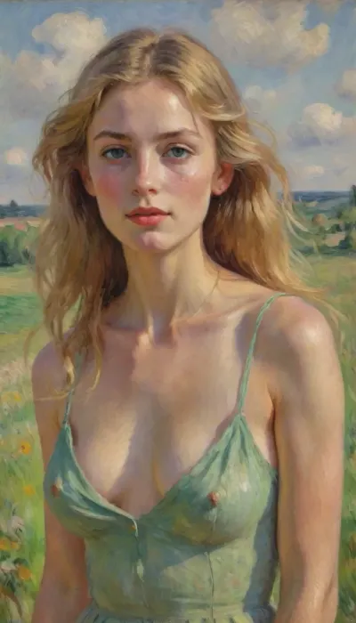 1girl, solo, petite, impressionism style painting, impressionist portrait of a sensual french girl, 22yo, delicate natural beauty, high cheekbones, long blonde hair, thin, slim, green eyes, freckles, freckels on her arms and chest, tan skin, naked, earrings, necklace, medium breasts, sensual, looking at the camera, her hair is blowing in the wind, countryside, flowers, clouds, (perfect lighting), (best quality), drawing, oil painting, illustration, Close up, side view, impressionist, painting, <lora:EldritchImpressionismXL1.5:2>, impressionism, <lora:EnvyImpressionismXL01:.8>