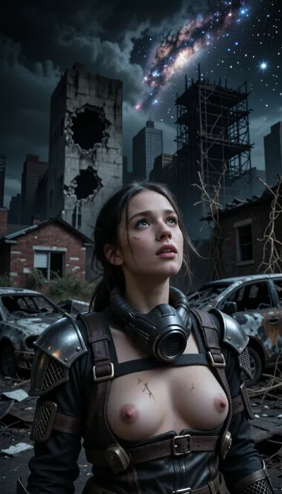 A vertical cinematic portrait captured on 35mm film grain, balancing raw post-apocalyptic realism with a moment of quiet wonder in a post-apocalyptic city. The scene is enveloped in a deep nocturnal midnight atmosphere. High above, a dramatic break in the toxic smog opens to a pitch-black night sky, where a vibrant, hyper-detailed Milky Way galaxy and brilliant stars shine intensely against the deep darkness. In the background, charred car carcasses with burnt-out frames lie abandoned alongside collapsed, destroyed brick houses. Behind them, the dead, hollowed-out concrete husks of Manhattan ruined skyscrapers stand in complete shadow, featuring giant gaping structural holes, shattered walls, exposed rebar, and rusted steel girders overgrown with dry vines. The ruined buildings are entirely pitch-black, dead, and shattered, solely illuminated by the cold celestial glow from above. Centrally framed in a tight medium close-up portrait, a young woman looks upward toward the starry cosmos, her face softly lit by the cool, dim glow of starlight breaking through the dark night. Her face radiates breathless astonishment, with her lips slightly parted in a quiet gasp of revelation as if seeing the star-filled sky for the very first time, the faint corners of her mouth lifted in a subtle, unconscious touch of awe. Her wide, luminous eyes glisten, reflecting the shimmering stars above. She has high cheekbones, detailed features, and dusty, wind-blown hair with small braids framing her face. Unclipped and pulled down to rest at her neck, a heavy industrial gas mask hangs against her collarbone. She wears a realistic post-apocalyptic survivor kit, a dark, weathered leather utility harness with brass buckles, straps, and tactical shoulder pouches, complemented by hammered metal shoulder pauldrons with chainmail elements covering her arms. She wears no top or shirt beneath the harness, exposing her chest and torso, with her smooth skin marked by subtle charcoal greasepaint. Extreme low-key lighting driven exclusively by cold starlight, with deep black shadows emphasizing the dark night mood and the rich textures of skin, leather, metal, chainmail, and crumbling concrete. Shot on a prime 85mm lens, (f/1.8), for a shallow depth of field, keeping her face and detailed harness in sharp focus against the dark starry sky and shadowed ruins. Authentic 35mm film stock, raw texture, cinematic night composition.