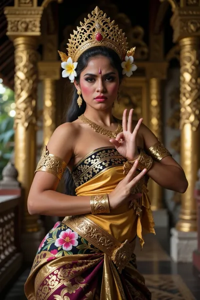 Cinematic portrait of a Balinese temple dancer performing the Legong dance in exquisite traditional costume. Detailed gold filigree crown, (Gelungang), adorned with fresh frangipani flowers. An intricate silk sarong with a vibrant floral print. Expressive eyes and dramatic hand gestures, (mudra), that are an integral part of this dance. In a golden Balinese temple with golden columns. Soft cinematic lighting, hyper-realistic photography, bokeh, cultural style.