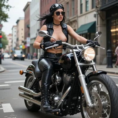 third person view. City street. Biker girl driving huge chopper., (Object in motion), Leather trousers, pilot sunglasses, black leather vest, big boobs, black heavy boots. Woman's black hair flutters in the wind.