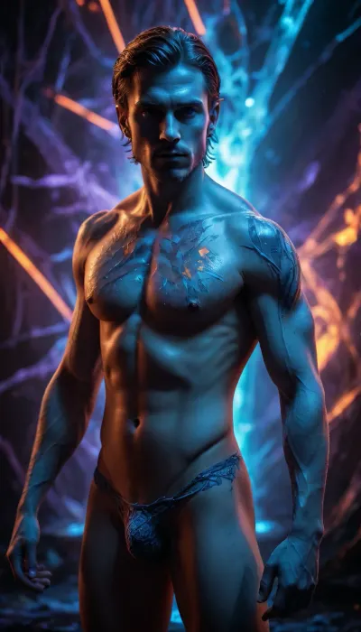 Editorial digital art, blacklight/UV aesthetic. A humanoid figure, (Kael), stands at the center of a shattered crystalline labyrinth, his body painted with electric cyan and fluorescent orange fractal patterns glowing under harsh UV light, muscles and linework rendered hyper-sharp and saturated. Directly behind him, a translucent spectral duplicate, (Kael-Echo), in fainter violet and amber tones mirrors his pose a half-second out of sync, edges dissolving into haze. Surrounding them, floating geometric shards and jagged crystal debris, each surface reflecting infinite fractured copies of both figures, receding into a glowing vanishing point. Thick phosphorescent fog fills the air, lit by scattered UV haze. Mood, temporal dissonance, danger, beauty. High-contrast blacklight photography style, glowing pigment on skin, dark obsidian backdrop, cinematic rim lighting, hyperdetailed, 8k.