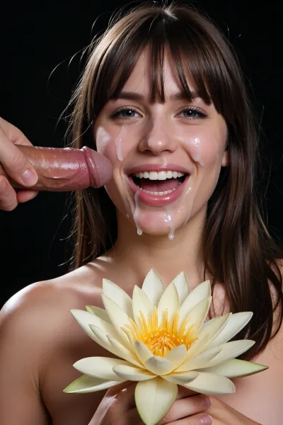 The image shows a close-up of a young woman with brown hair and bangs. Her eyes are open, and her lips are stretched into a wide smile. The woman's face is covered in semen, which flows from her forehead and eyes down the bridge of her nose towards her lips.
In the upper left corner of the image, there is a hand holding an erect male полового органа, which is pointing towards the woman's face.
In the lower part of the image, the woman is holding a delicate yellow lotus flower with wide petals with both hands. The background of the image is completely black. The woman is depicted without clothes, with her shoulders and upper chest exposed.