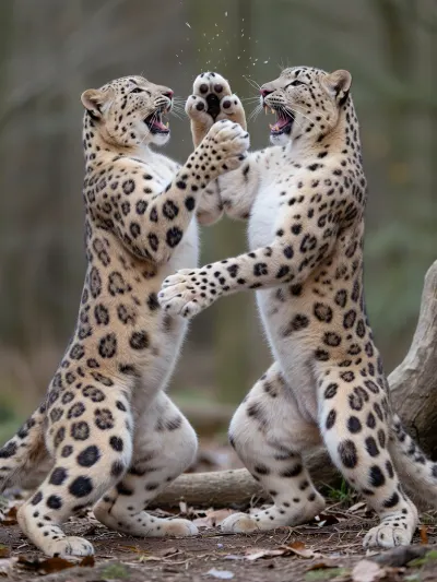 (Two snow leopards grinning teeth fight with each other standing on their hind legs), ((clawed paws flicker through the air)), the dynamics of movement, against the background of nature, accurate drawing, both in full height.