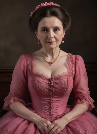 (((1700s:1.9))), (((Face close-up:1.5))), (((sunny green floral field))), (extremely detailed background), (((very short swing transparent deep pink sheer hoopdress:1.9))), (((extremely detailed victorian dress:1.9))), (((extremely aged extremely elder insanely over 100-year-old grandma:1.9))), (((extremely transparent dress:1.9))), (((largest breasts:1.6))), (((extremely tempting erotica:1.9))), (((dark brown hair:1.9))), elegant basic royal floral hat, (((extremely old face:1.9)))