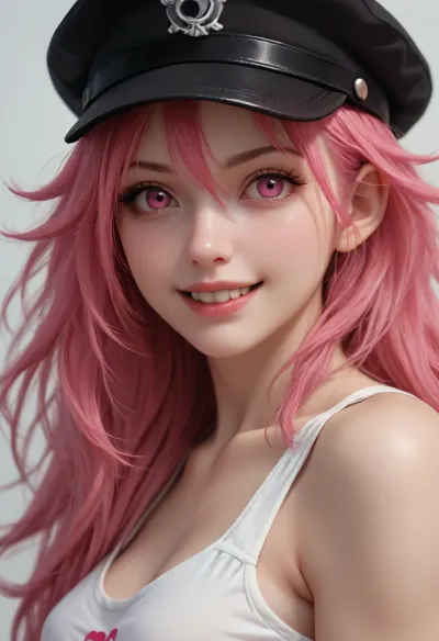 portrait of Poison from Street Fighter Alpha, wearing a white top tank, red pink hair, long spiky hair, black cap, pink eyes, (crazy smile), cute, small nose, athletic body, ((large round breasts)), half body view, view from side