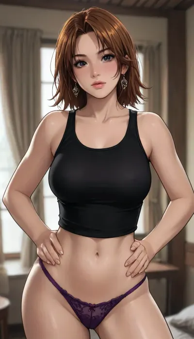 ((Melkor mancin meet markgavatino style)), reiq style, Solo, Milf, Hitomi – Dead or Alive, (DOA), (at doorframe), bimbo body, wearing black tank top, and purple panties, large perky breasts, hands on hips, flirty, (intense blushing)