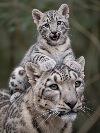 (snow leopard kitten sits on top on the back of a large female mother), playful look of a small snow leopard, which, ((put his paws around the neck of the female)), beautiful nature, accurate drawing.