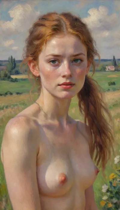 1girl, solo, petite, impressionism style painting, impressionist portrait of a sensual irish girl, 22yo, delicate natural beauty, high cheekbones, long ponytail ginger hair, thin, slim, green eyes, freckles, freckels on her arms and chest, tan skin, naked, earrings, necklace, medium breasts, sensual, looking at the camera, her hair is blowing in the wind, countryside, flowers, clouds, (perfect lighting), (best quality), drawing, oil painting, illustration, Close up, side view, impressionist, painting, <lora:EldritchImpressionismXL1.5:2>, impressionism, <lora:EnvyImpressionismXL01:.8>