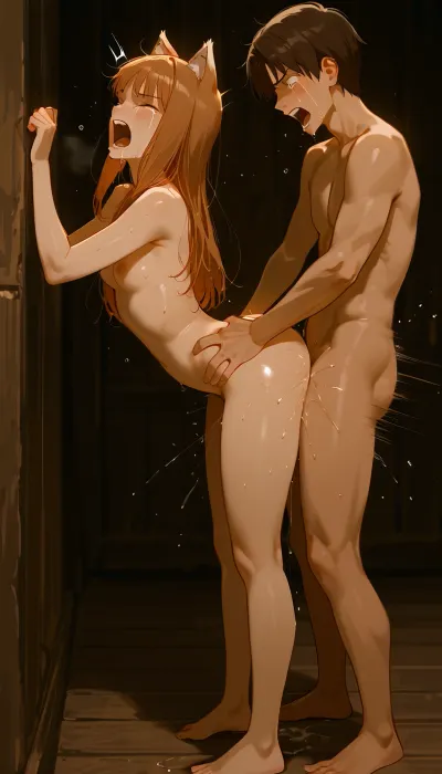 (masterpiece, best quality), holo from spice and wolf, girl, detailed face, beautiful eyes, slim body, (crying:1.4), ((full body on frame)), (tears:1.4), (screaming:1.3), ((1boy)), ass, (sex:1.4), ((standing sex))