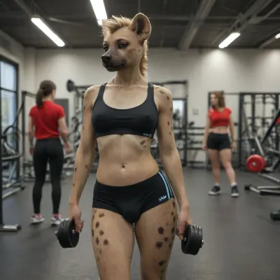 (Furry, hyena, gynomorph, curvy, slim), gym clothes, bulge, public, furries