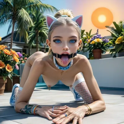 outdoors, (white shore ocean of paradise island:1.4), ((top closeup narrow innocent looking face view:1.8)), (very beautiful perfect face to viewer:1.7), (young low skinny girl with fake implanted spherical big breasts:1.6), (on knees and elbows:1.4), (upper body forward down:1.5), (perfect:1.5), (wide very skinny very flat ass up a little:1.5), (small very beautiful petite woman:1.5), (21 years old Ukrainian model cutie:1.4), (sweaty:1.1), ((short stature slender fit skinny body:1.7)), ((small thin waist:1.7)), ((very large distance between legs:1.7)), (very low pelvic:1.4), (wide shoulders:1.7), (very shapely legs very spread apart:1.7), (nipple ring piercings:1.3), ((detailed perfect light grey-blue eyes:1.7)), (perfect lips), (light white electronic wide mouth spreader ring gag:1.7), ((extremely long wide smooth light white tongue out down:1.7)), ((round tongue's end:1.6)), (wide open big mouth:1.7), (light blonde with rainbow smooth silky hair ponytail:1.5), ((very large distance between rounded large spherical breasts:1.7)), (tan fair skin:1.5), thin beautiful eyebrows, (very gorgeous:1.5), (sexy:1.4), (satisfied:1.6), (glowing fluffy silver fake small short cat ears:1.4), (white massive very oversized electronic collar device around very wide short throat:1.5), (tattooed body:1.4), (tattoo:1.3), (seductive sexy makeup:1.5), (long black eyelashes:1.4), lipstick, (stunning:1.3), (dimples:1.4), (white sneakers:1.3), (pink fishnet stockings:1.2), (masterpiece), (beautiful lawn with low flowers:1.3), (restrained hands and legs:1.6), (in lounge bungalow:1.3), (palm trees:1.1), (bright day with orange sun:1.3), <lora:Microwaist_XL_v01:1.5>