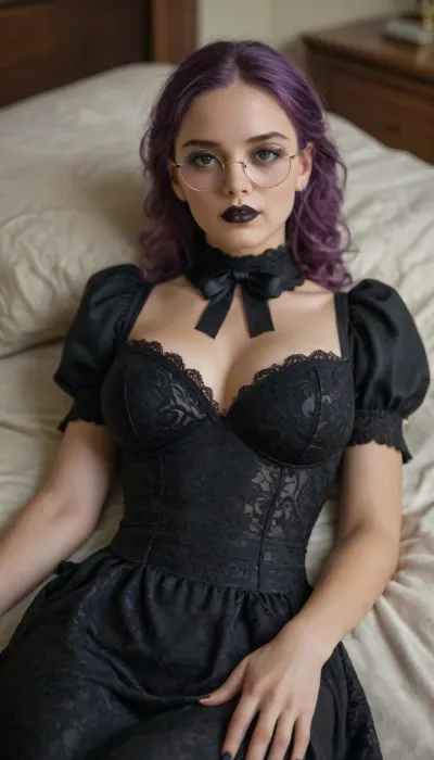 shallow depth of field, 85mm lens, 18-year-old, beautiful, athletic, young, petite, female, purple hair, ((black eye shadow, black lipstick)), tanned skin, tight large breasts, ((small round glasses)), (((satin and lace Victorian opulent baroque dress))), ((lying on back)), Reclining on a Victorian lounger a Victorian living room, direct eye contact, warm glow, cinematic atmosphere