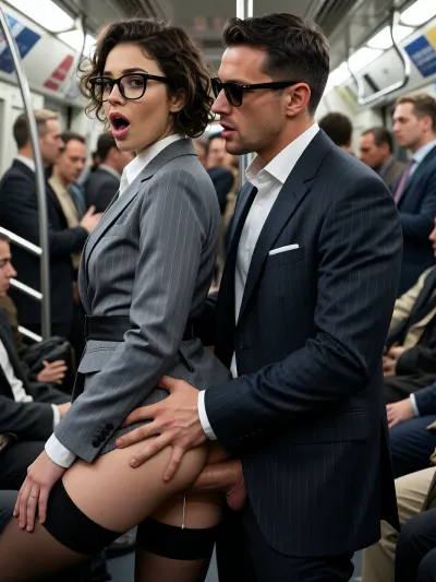 (deep anal sex:1.2), penis, testicles, (standing:1.2), (bottomless:1.2), (cum dripping:.8), (public sex:1.1), (sex in the crowd:1.4), a close-up, eye-level shot captures a man and woman in a crowded public transit setting, likely a subway or train car. The woman, in the foreground, has short, curly brown hair and wears black-rimmed glasses. She is dressed in a grey pinstripe business suit with a white collared shirt and sheer black stockings, her mouth open in an expression of surprise or arousal. The man, behind her, has short dark hair, a light beard, and wears sunglasses and a dark pinstripe suit with a white shirt. He is holding her firmly around the waist and hips, and fucks her from behind into her vagina.. The background shows other commuters in business attire, blurred to emphasize the central couple. The lighting is bright and even, typical of artificial interior lighting, highlighting the subjects clearly. The overall composition is intimate and dynamic, focusing on the interaction between the two figures. The style is hyper-realistic with high detail, capturing the textures of the clothing, skin, and hair, creating a dramatic and intense atmosphere. The image is shot from a slightly low angle, enhancing the sense of immediacy and intimacy.