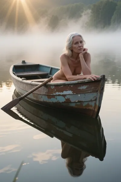 **Masterpiece, ultra-realistic fine art photography, cinematic melancholy infused with mystery and quiet magic. An extraordinarily beautiful 35-year-old woman sits alone in a weathered wooden rowboat drifting across a perfectly still lake at dawn. The entire composition is built around the flawless mirror reflection in the glass-like water, where the complete scene is reproduced with breathtaking precision, making the reflection almost indistinguishable from reality. Thick morning mist blankets the lake, dissolving the distant shoreline into soft layers of white and silver, creating an atmosphere of timeless silence and ethereal mystery. The old rowboat, with cracked wood, peeling paint and a single worn oar resting across its side, appears to float between reality and dream. She leans gently over the edge, resting her elbow on the aged oar while her chin is supported by her hand. Her posture is relaxed yet profoundly introspective, her expression revealing quiet melancholy, longing, nostalgia and peaceful acceptance. She gazes into the mirror-like surface rather than toward the viewer, as though searching for memories hidden beneath the water. Soft golden dawn light filters through the dense fog, producing delicate volumetric rays and an almost supernatural glow that surrounds her. Every pore, eyelash, strand of hair and weathered wood fiber is rendered with extraordinary realism. The mist transforms the landscape into an almost mythical world where water, sky and reflection merge into a single dreamlike composition. The overwhelming impression is one of silence, solitude, enchantment and emotional depth, evoking the feeling of standing on the threshold between reality and another world. Ultra-sharp focus, flawless reflection, cinematic color grading, HDR, extraordinary micro-contrast, award-winning fine art photography, masterpiece, IMAX-quality realism, ultra-high resolution, 8K, impossible realism.