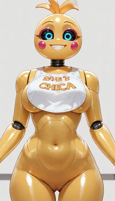 Toy Chica from fnaf, (very detailed and accurate Toy Chica head), (animatronic), (white on black animatronic eyes, (Toy Chica without beak, (Toy Chica have her Bib), Beautiful animatronic body, (very detailed animatronic robot body), completely nude, (vagina), she is standing, smiling, looking at viewer, simple white background, masterpiece, very detailed image, 4k image))