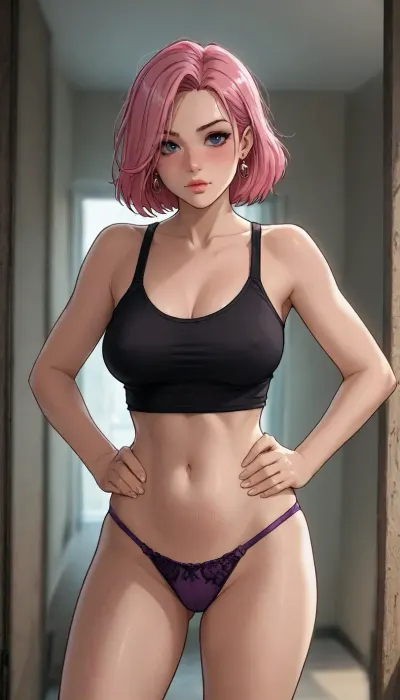 ((Melkor mancin meet markgavatino style)), reiq style, Solo, Milf, pink hair, (at doorframe), bimbo body, wearing black tank top, and purple panties, large perky breasts, hands on hips, flirty, (intense blushing)