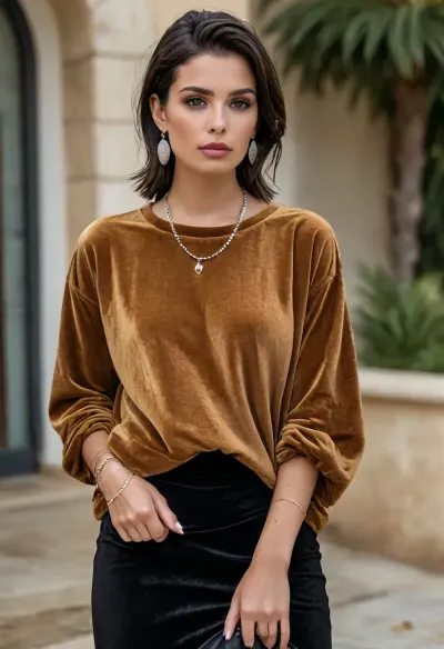 (masterpiece, best quality:1.2), 1 french 25yo woman, fashion influencer, (she wears a dark golden-brown colored baggy velvet round neck longshirt, long black skirt:1.4), outside a modern luxury villa, short slicked-back raven black hair, (modern styled with jewelry, earrings, bangles, necklaces, silver belly chain:1.4), bright blue eyes, photorealism, <lora:style_lora_realis:.5>, <lora:slicked-back_hair-000006:.5>